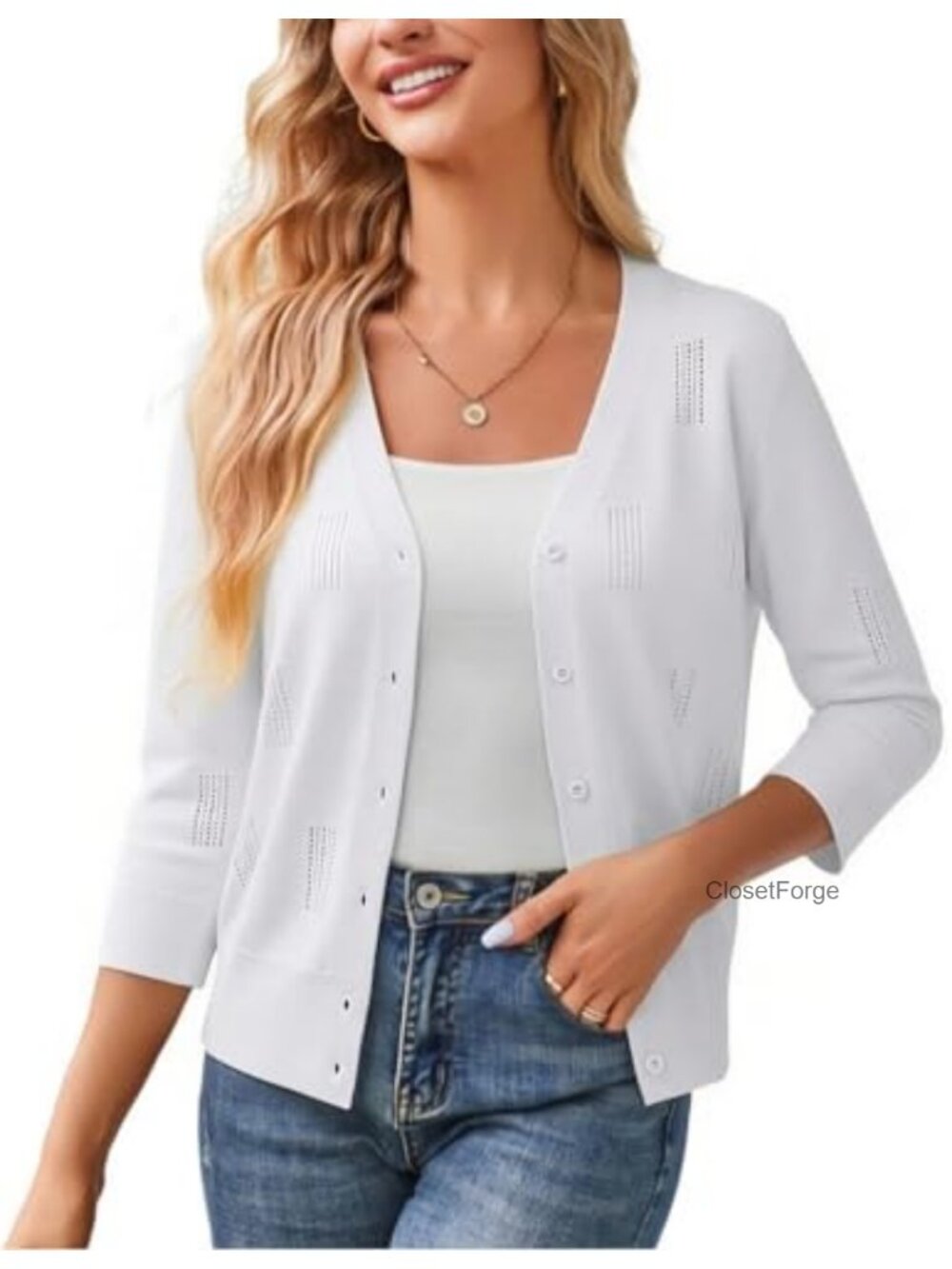 Lightweight Knit Cardigan with 3/4 Sleeves and V-Neck, Button Front, Textured